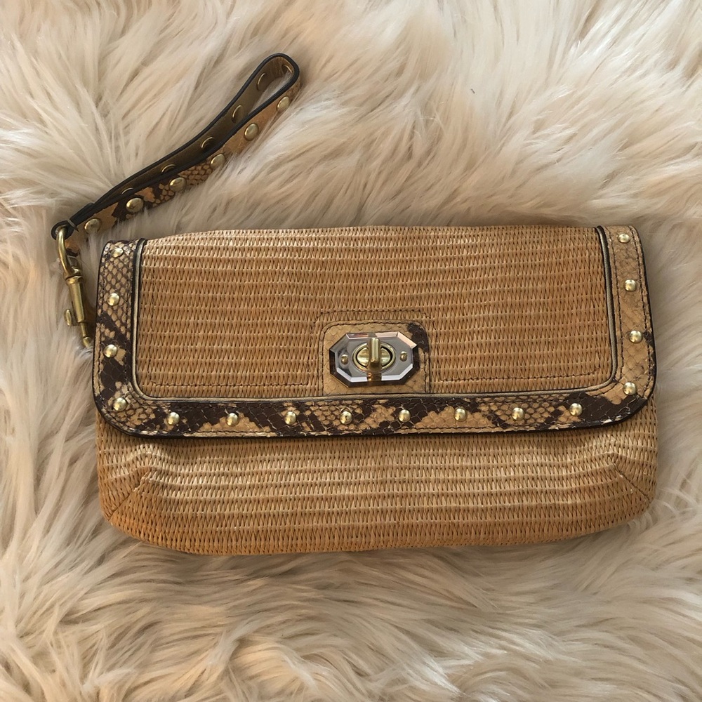 Coach straw snake embossed turn lock wristlet clutch purse